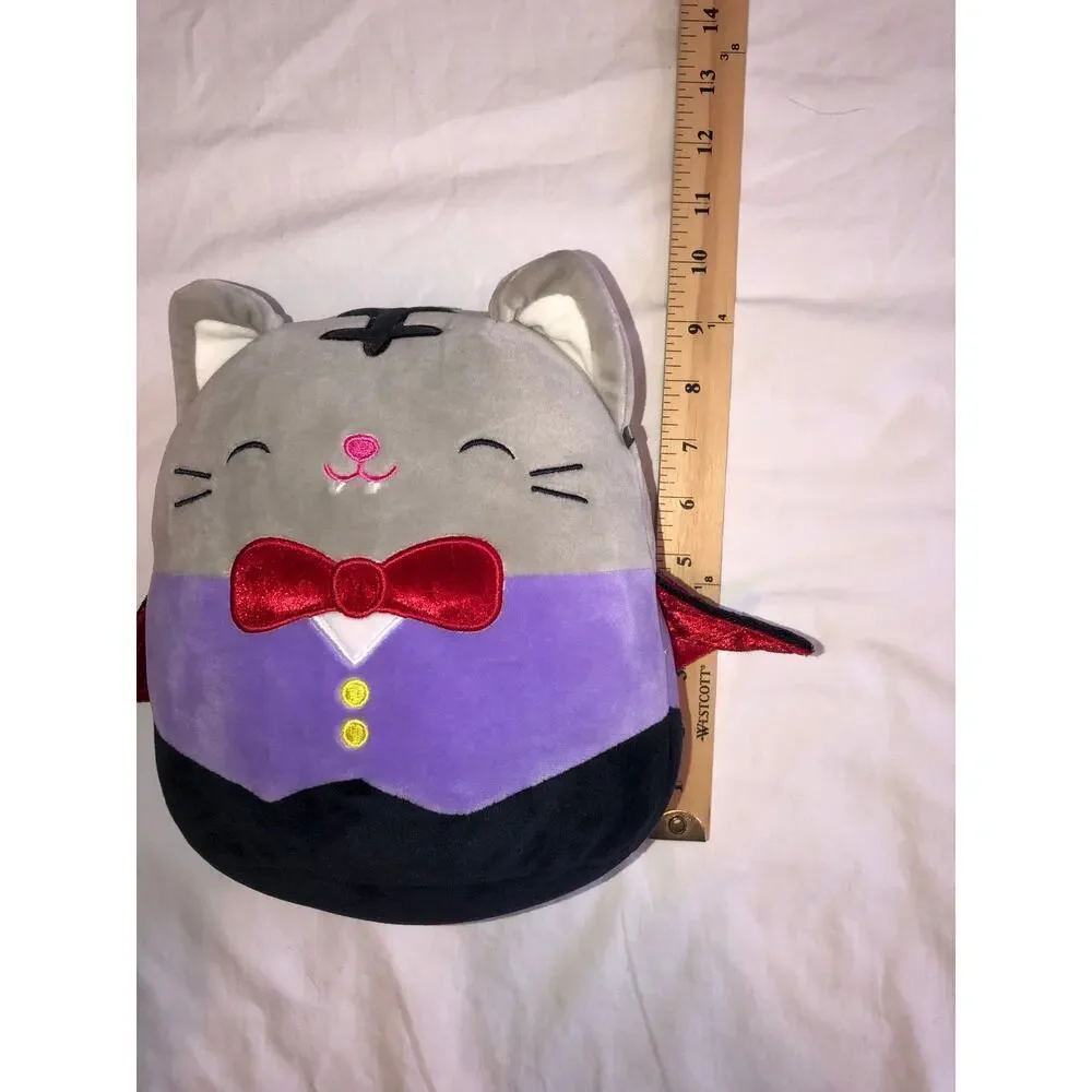 Vampire Cat Sqishmallow Dracula Kitty Plush Purple Vest Red Bow Tie Stuffed
